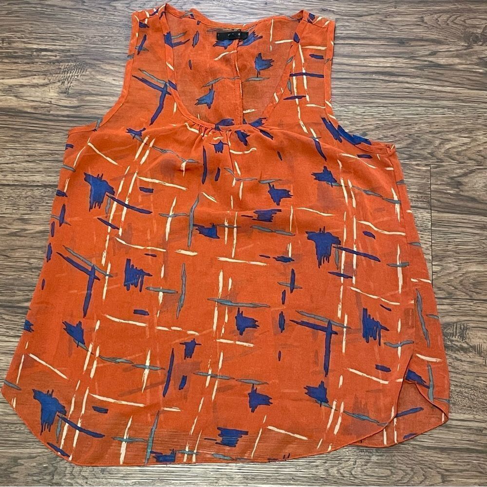 Edge Lightweight Sheer Printed Sleeveless Blouse Orange Blue Cream Size Large